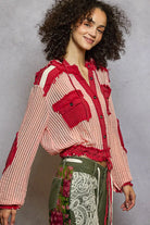 POL Blush Red Texture Woven Button Down Hooded Shirt with Drawstring Hem