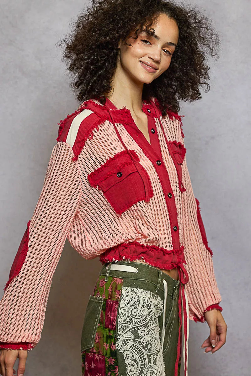 POL Blush Red Texture Woven Button Down Hooded Shirt with Drawstring Hem