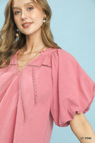 Umgee Light Punk Lace Inset Puff Sleeve Boho Blouse