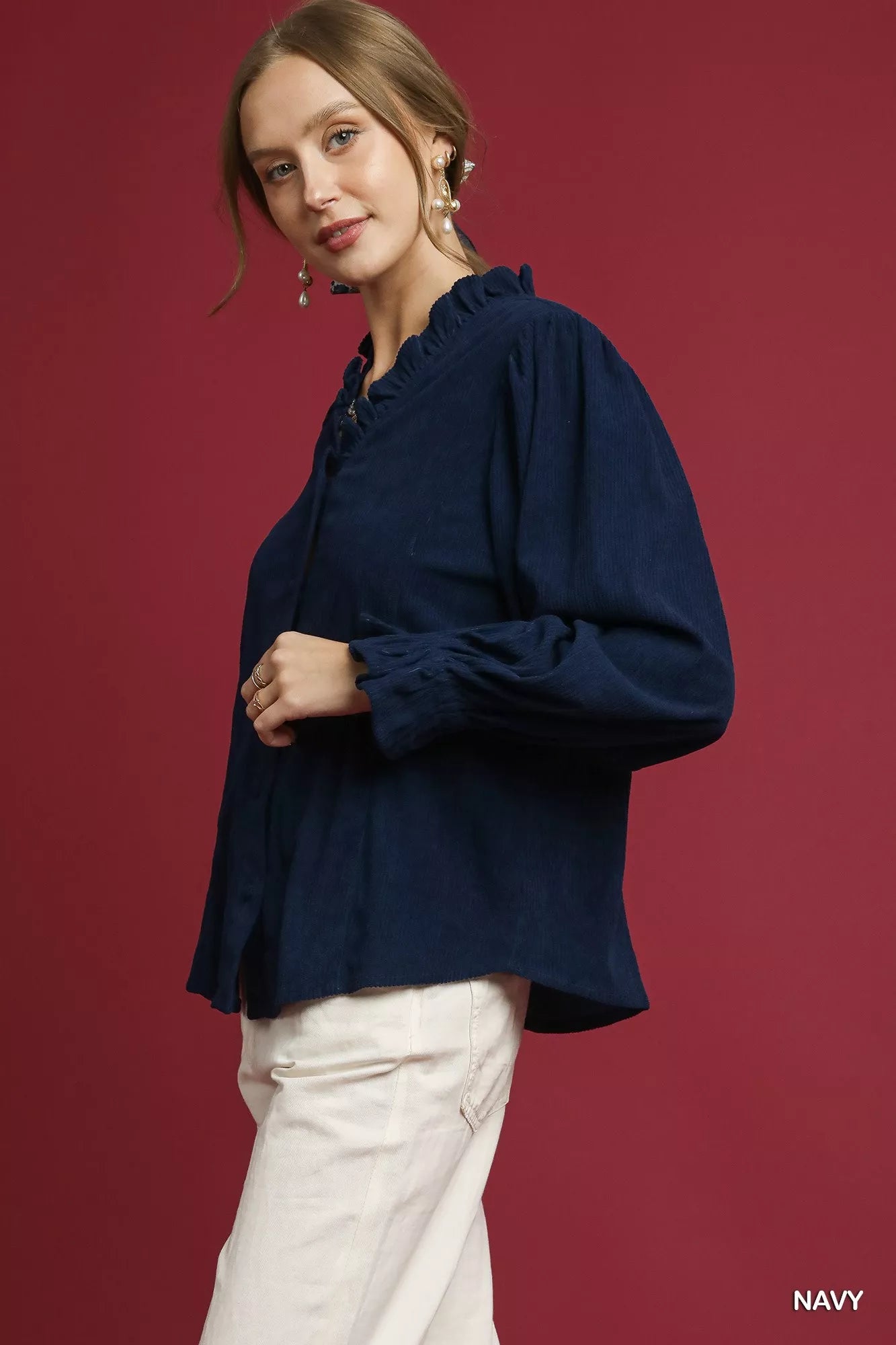 Umgee Navy Corduroy Ruffle Shirt with Long Puff Sleeves
