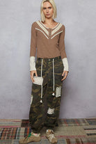 POL Chocolate Double Gauze Ribbed Half Button Lace Detail Knit Top