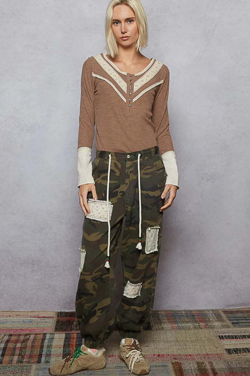 POL Chocolate Double Gauze Ribbed Half Button Lace Detail Knit Top