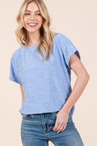 BOMBOM Light Blue Textured Floral Pattern Short Sleeve T-Shirt Light Blue