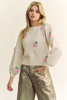 Davi & Dani Crochet Strawberry Round Neck Sweater in Beige Shirts & Tops