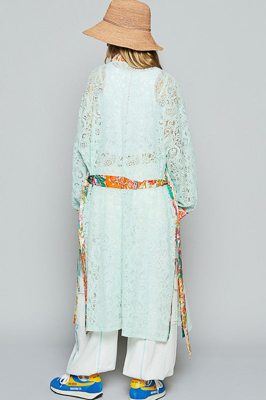 POL Pale Mint Floral Trim Lace Open Front Longline Cardigan