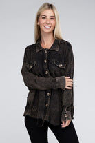 Zenana Ash Black Acid Wash Oversized Cotton Waffle Shacket Shirts & Tops