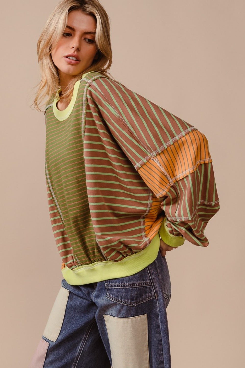 BiBi Color Block Striped Round Neck Sweatshirt Trendsi