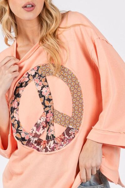 SAGE + FIG Peach Floral Peace Patch Round Neck Top