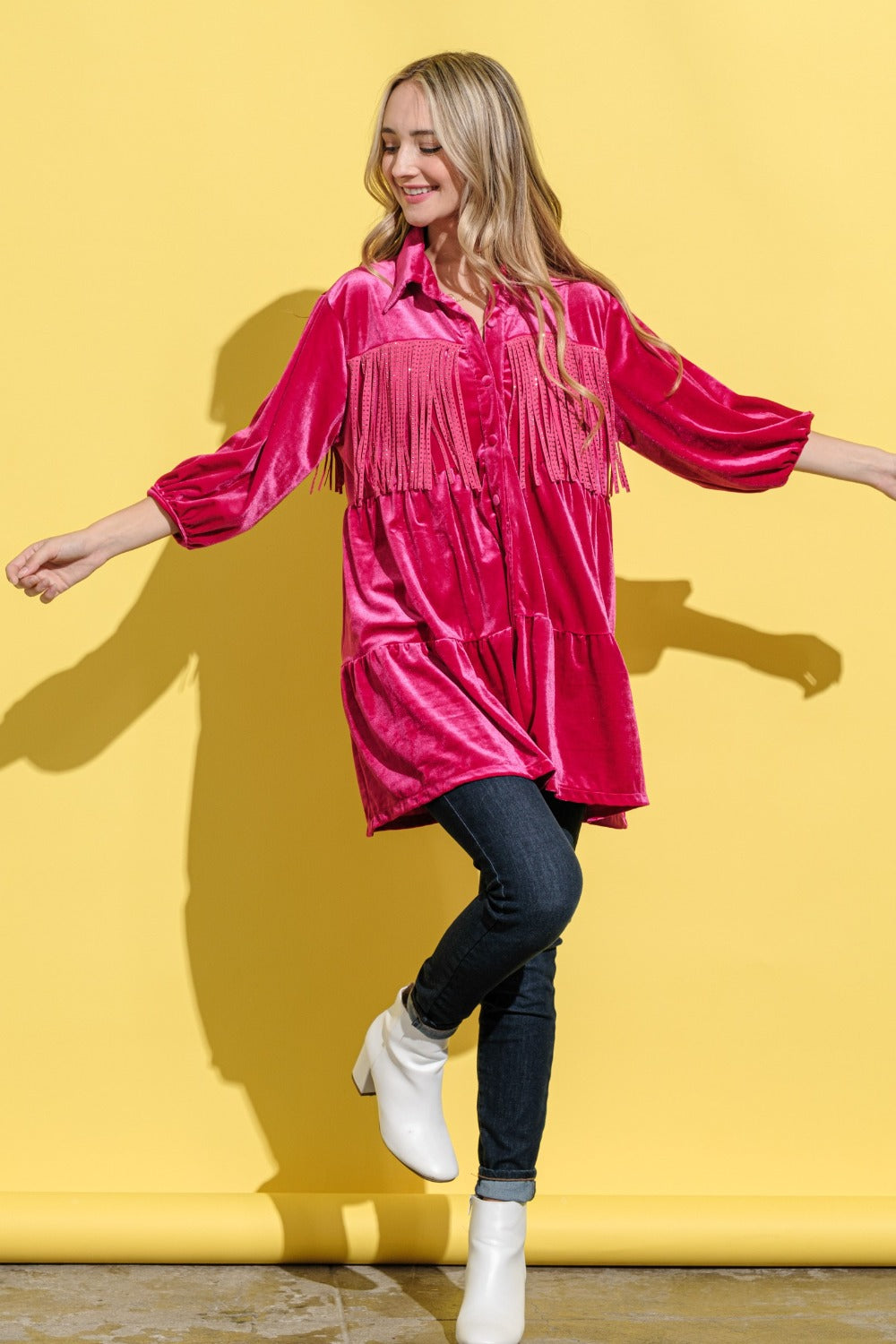 And The Why Magenta Fringe Detailed Velvet Shirt Dress Trendsi