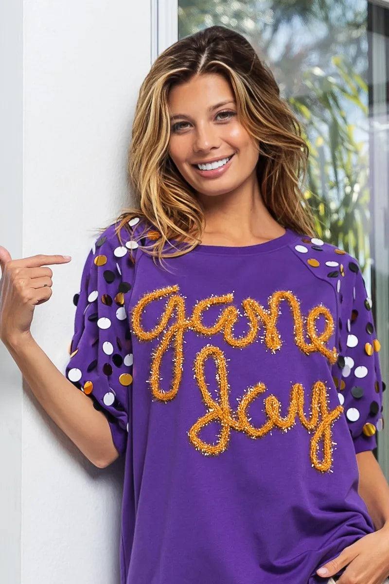 BiBi Purple & Gold Game Day Metallic Letter Spangle Sleeve Top