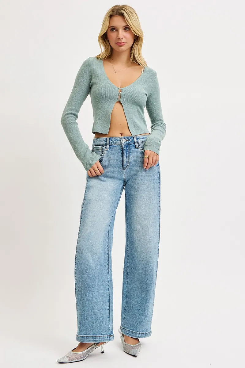 RISEN Medium Washed Mid Rise Wide Barrel Transferable Leg Snap Jeans