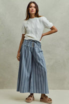 SO ME Mid Rise Stripe Denim Washed Pleat Wide Leg Pants