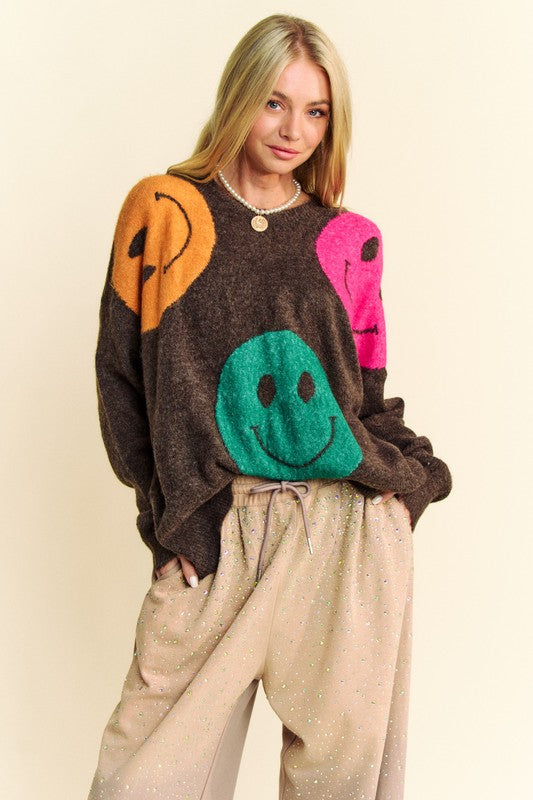 Davi & Dani Dark Brown Contrast Smile Printed Round Neck Oversize Sweater Dark Brown Shirts & Tops