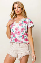 BiBi Fuchsia Rose Printed Poly Span with Crochet Lace Top