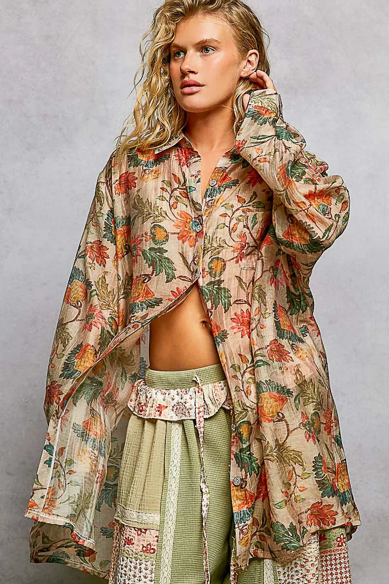 POL Metal Button Down Floral Long Sleeve Bohemian Shirt