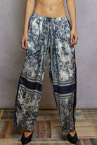 POL Ivory & Navy Floral Printed Woven Wide Leg Drawstring Pants IVORY NAVY FLORAL