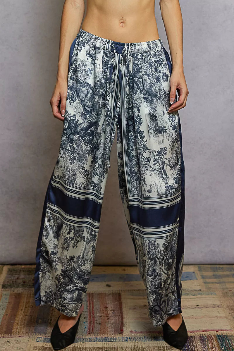 POL Ivory & Navy Floral Printed Woven Wide Leg Drawstring Pants IVORY NAVY FLORAL