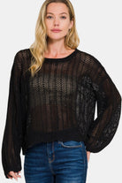 Zenana Black Hollow Out Long Sleeve Knit Cover Up Black Shirts & Tops