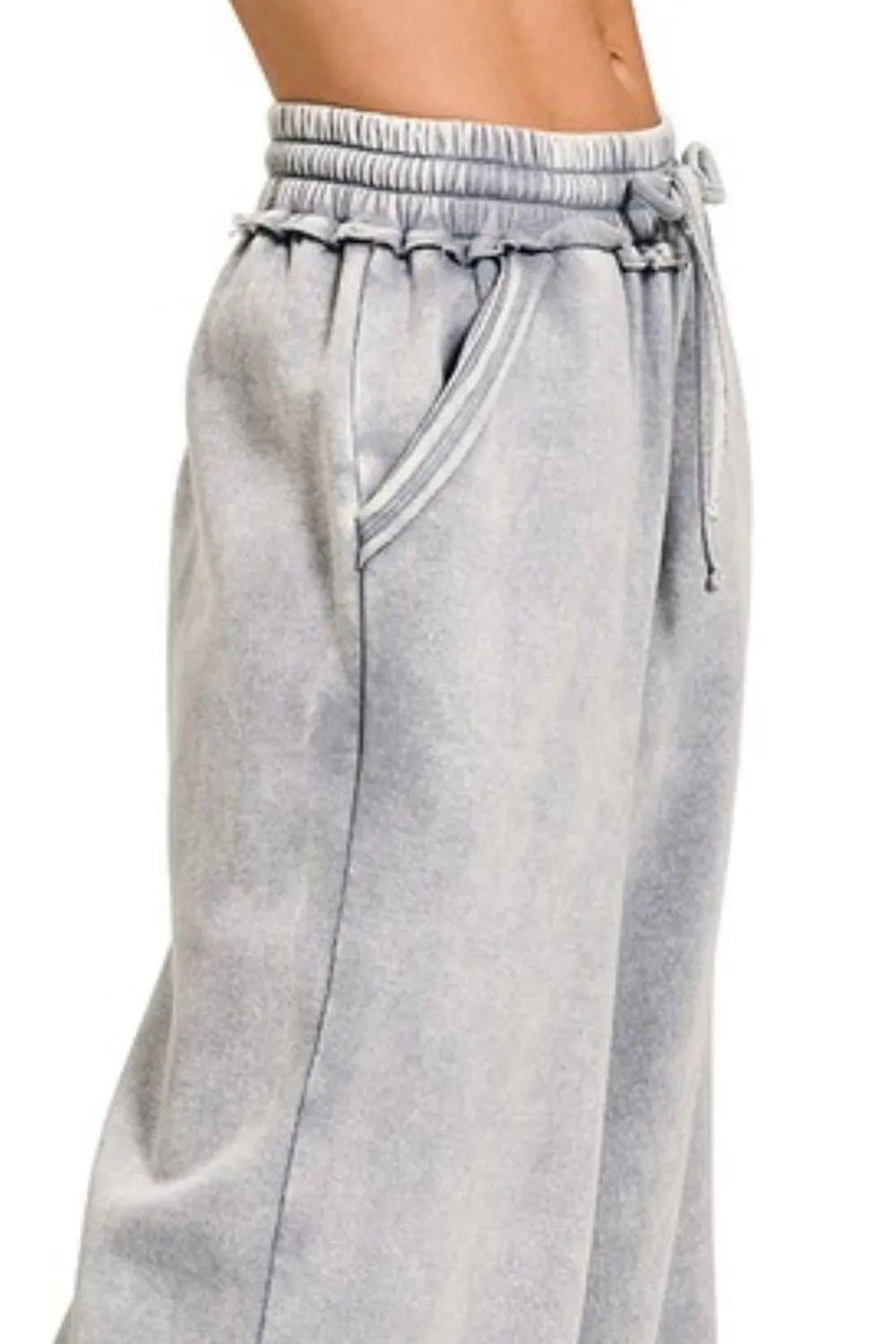 Zenana Sleet Acid Wash Fleece Palazzo Sweatpants with Pockets
