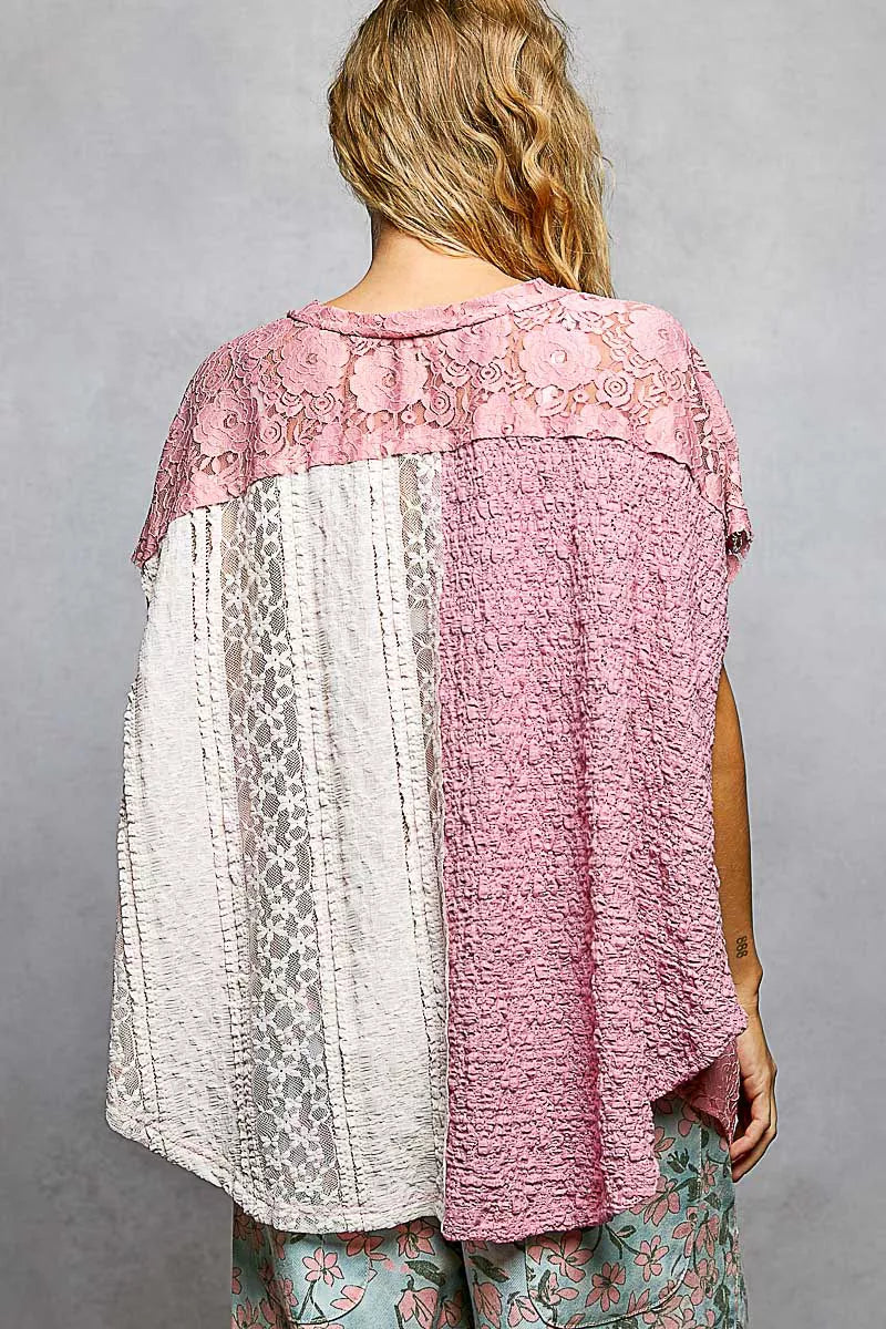 POL FuchsiaAsymmetrical V-Neck Short Sleeve Lace Top