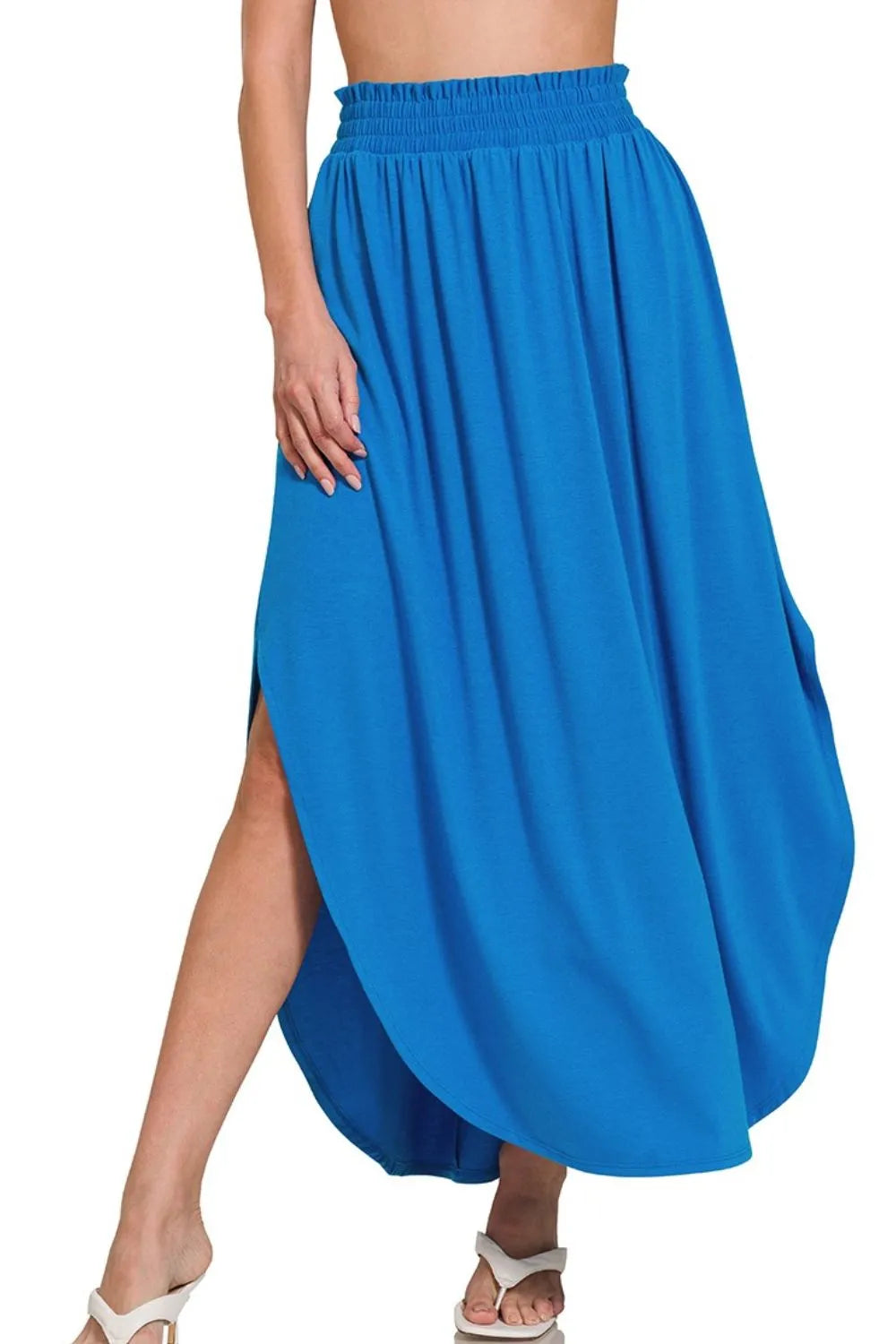 Zenana Smocked Waist Side Slit Maxi Skirt With Pockets OCEAN BLUE