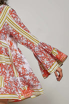 POL Ivory/Red Striped Floral Long Sleeve Mini Dress with Pintuck Detail