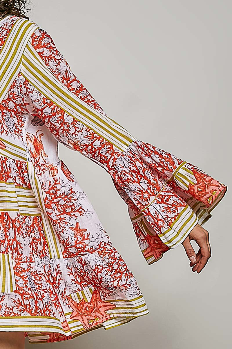 POL Ivory/Red Striped Floral Long Sleeve Mini Dress with Pintuck Detail