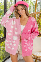 BiBi Heart Color Block V-Beck Knit Cardigan with Pockets