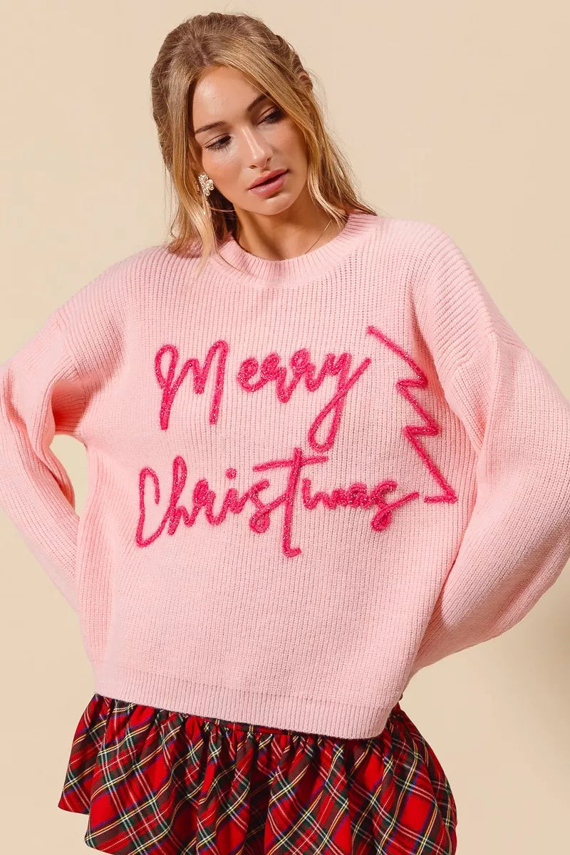 SO ME Pink Merry Christmas Tinsel Lettering Sweater