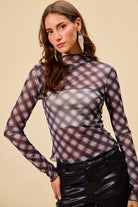 SO ME Plaid Mesh Knit Long Sleeve Top with Thumb Opening