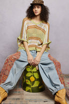 POL Lime Sage Openwork Lightweight Striped V-Neck Knit Top