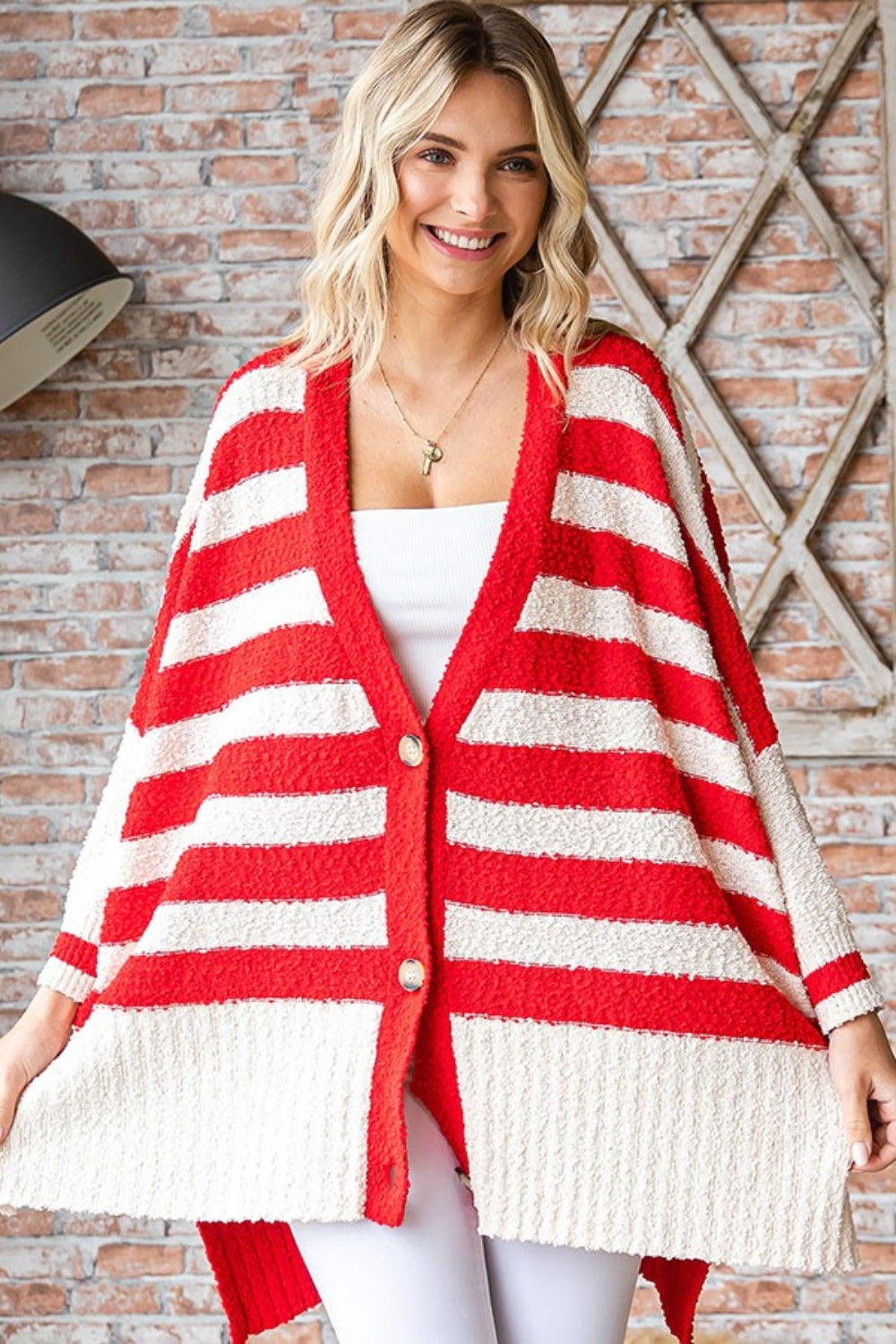 First Love Red and White Textured Striped Button Down Cardigan Trendsi