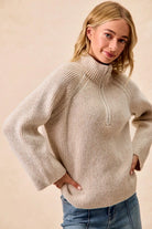 BiBi Taupe Two Tone Rib Texured Knit Collared Top with Zip Up