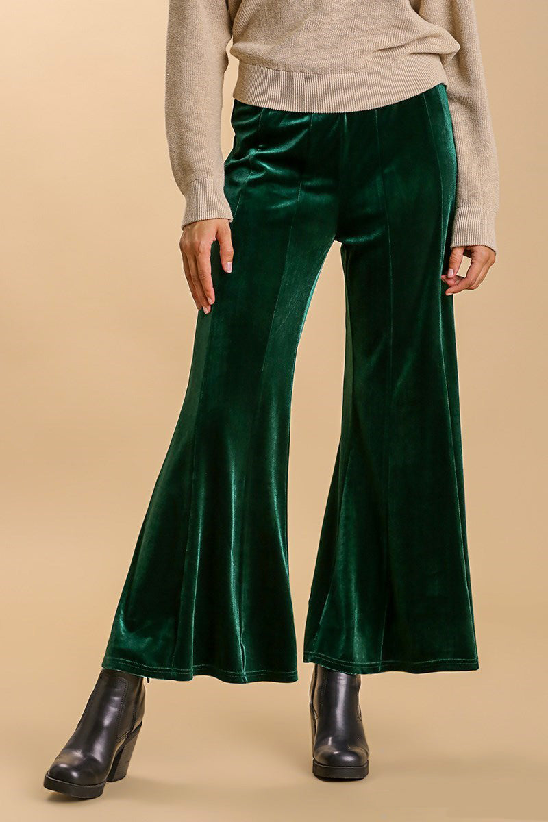 Umgee Dark Green Velvet High Rise Elastic Waist Flare Pants Dark Green Pants