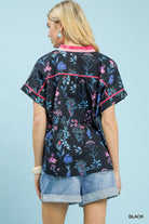 Umgee Black Botanical Floral Button Front Top