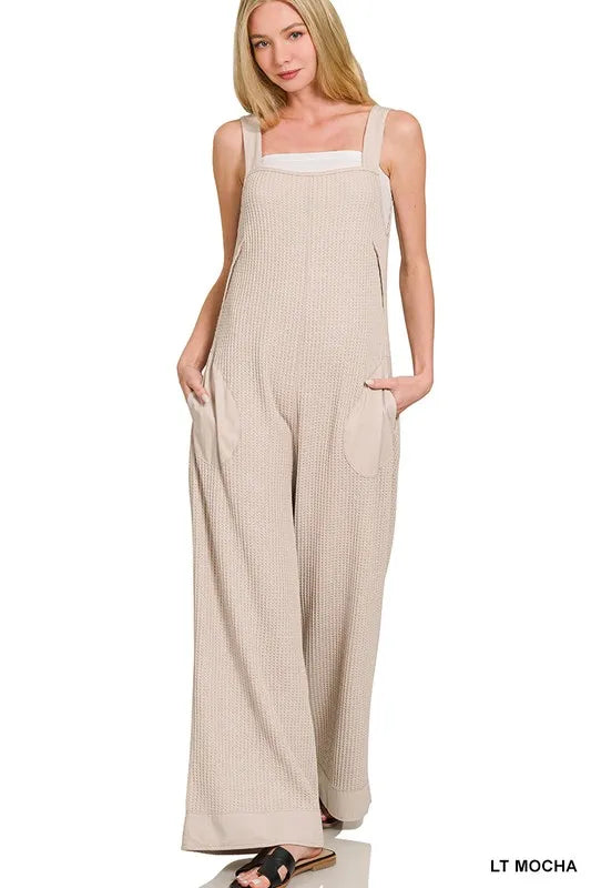 Zenana Light Mocha Knit Waffle Wide Leg Overalls LT MOCHA
