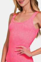 Zenana Neon Coral Fuchsia Stone Washed Ribbed Scoop Neck Tank Top