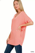 Zenana Coral Raised Rib V-Neck Batwing Top