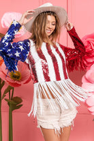BiBi American Flag Theme Fringe Detailed Sequins Crop Top