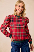 BiBi Christmas Plaid Exaggerated Shoulder Sleeves Top