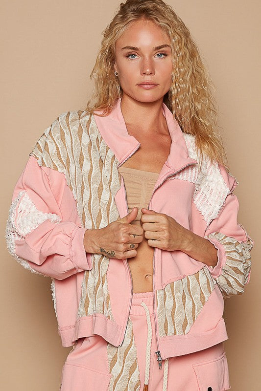 POL Watermelon Pink Applique Patchwork Zip Up Jacket Watermelon pink Coats & Jackets