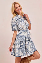 BiBi Navy Woven Vintage Printed Tiered Dress