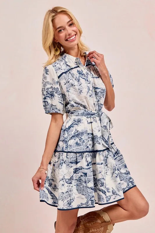 BiBi Navy Woven Vintage Printed Tiered Dress