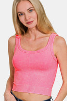 Zenana Neon Coral Fuchsia Washed Ribbed Scoop Neck Wide Strap Seamless Bra Tank N Coral Fuchsia