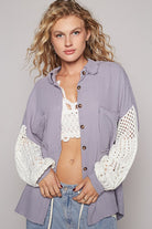 POL Ash Grey Openwork Lantern Sleeve Button Down Gauze Shirt Ash Grey Shirts & Tops