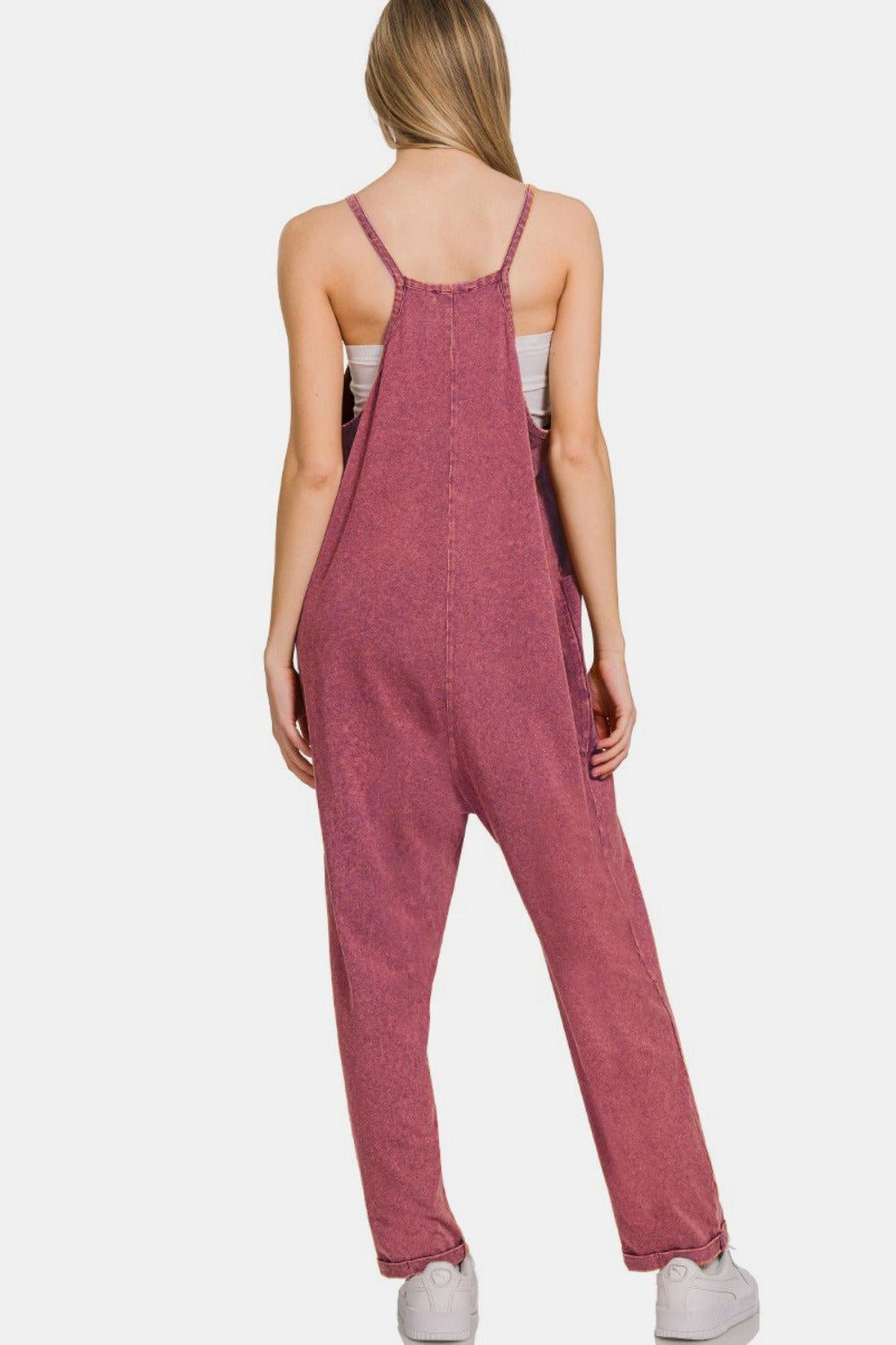 Zenana Dark Burgundy Washed Spaghetti Straps Overalls with Pockets Trendsi