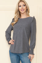 Reborn J Swiss Dot Ruffled Long Sleeve Charcoal Blouse