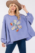 SAGE + FIG Blue Purple Flower Patch Dropped Shoulder Oversized Top Blue Purple Shirts & Tops