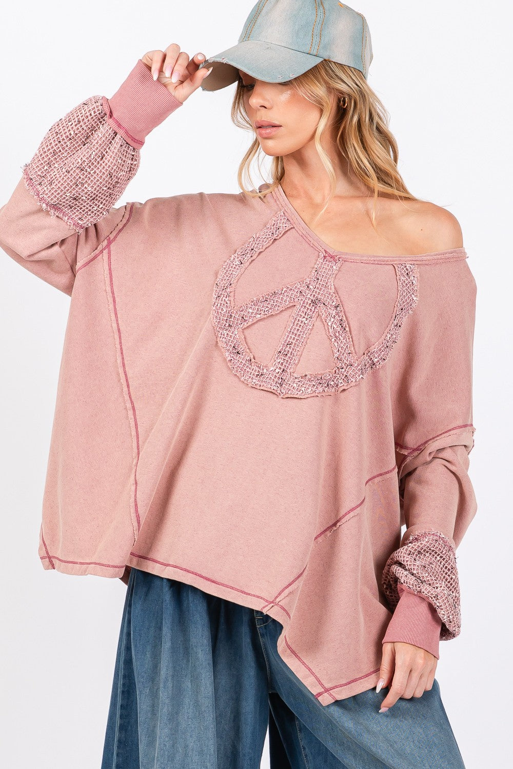 SAGE + FIG Mauve Peace Sign Mineral Wash Terry Top Trendsi