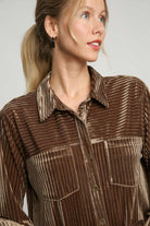 Umgee Textured Curved Hem Button Down Shirt Dress in Brown Dresses